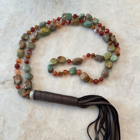 Turquoise, Carnelian, Imperial Topaz Knotted Necklace with Leather tassel - Picture 3 of 3
